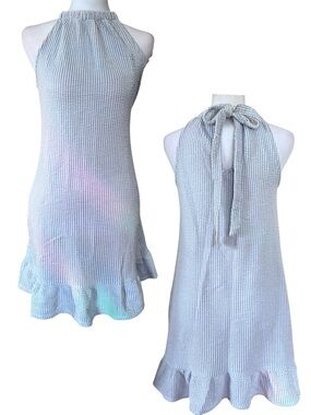 2000s Green Envelope Light Blue Halter Ruffle-Hem Mini Dress